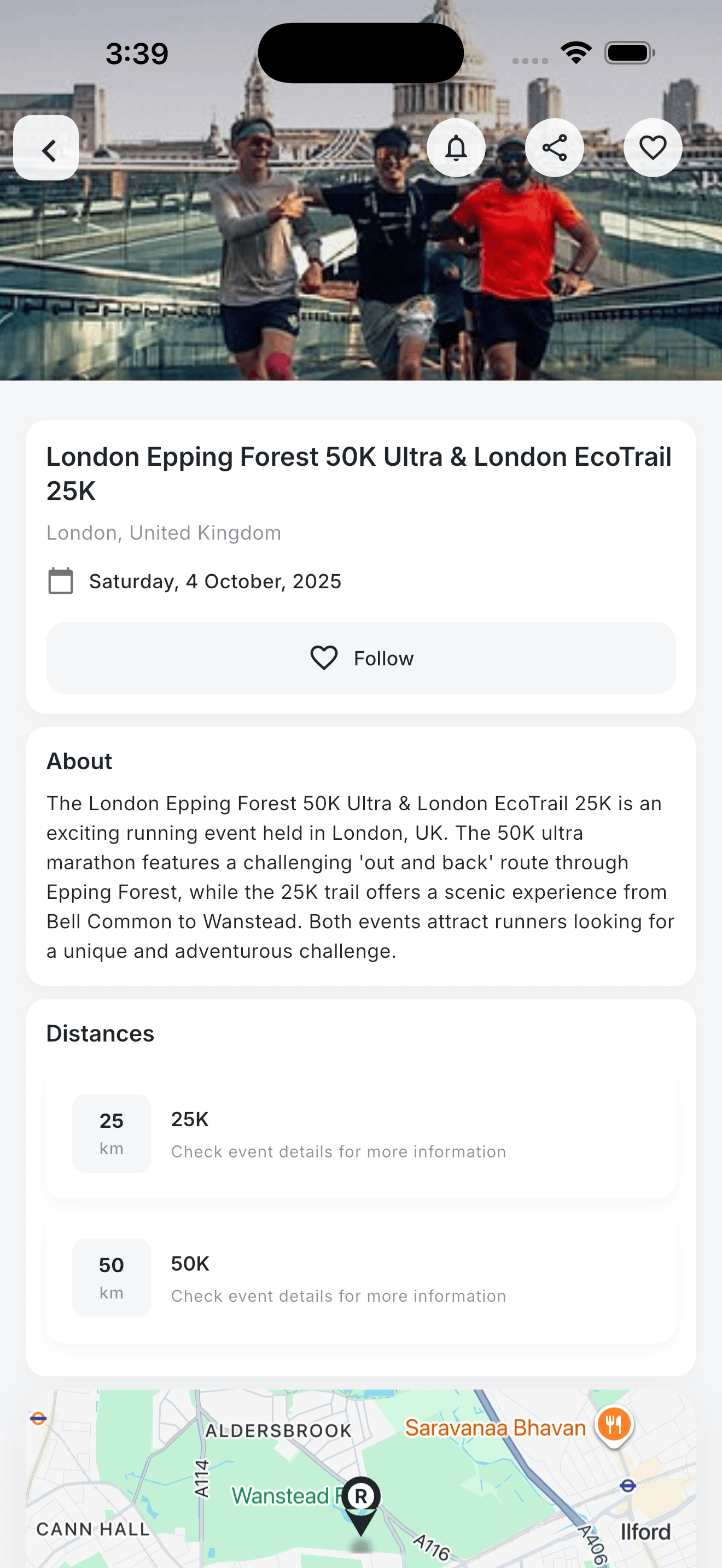 Search running races by distance, location and date in the iOS app
