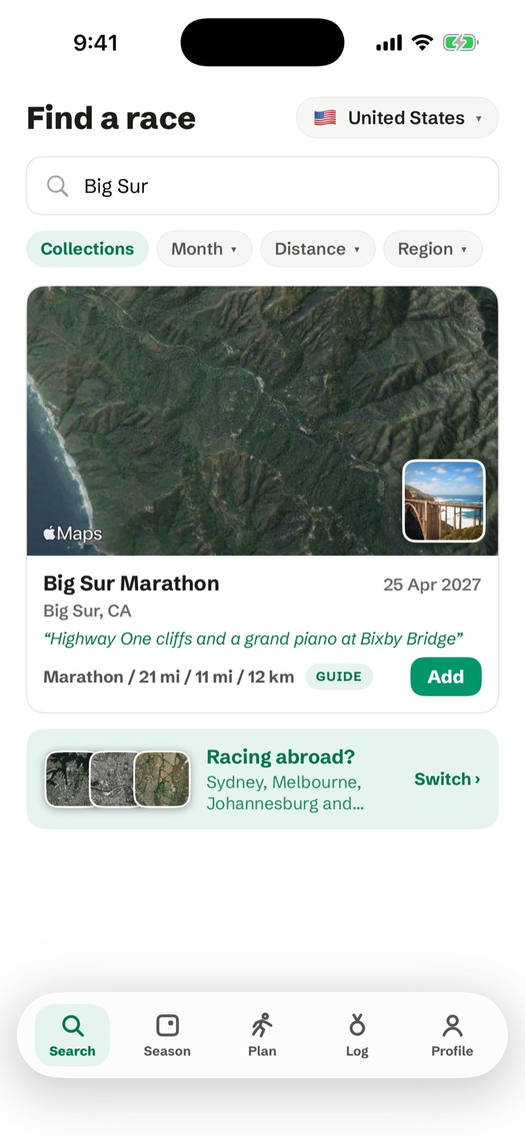 Searching the United States calendar in RunCalendar for Big Sur — the Big Sur Marathon from above, with its Bixby Bridge guide photo, distances and an Add button