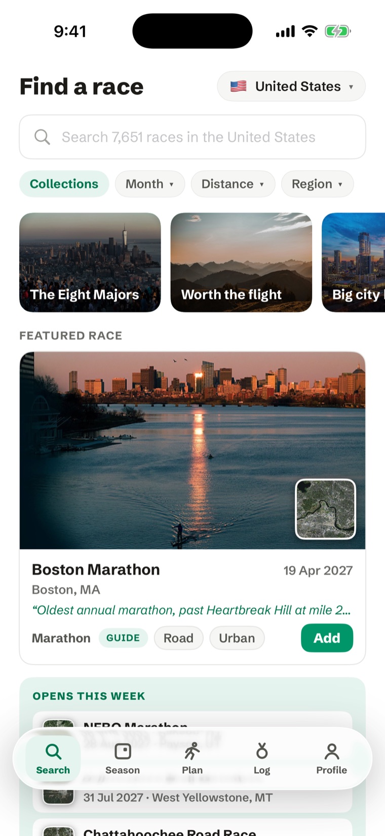 RunCalendar's Find a race screen for the United States — photo tiles for The Eight Majors, Worth the flight and Big city halves across the top, the featured Boston Marathon at sunset over the Charles with its satellite view in the corner, and the races opening for entry this week beneath it