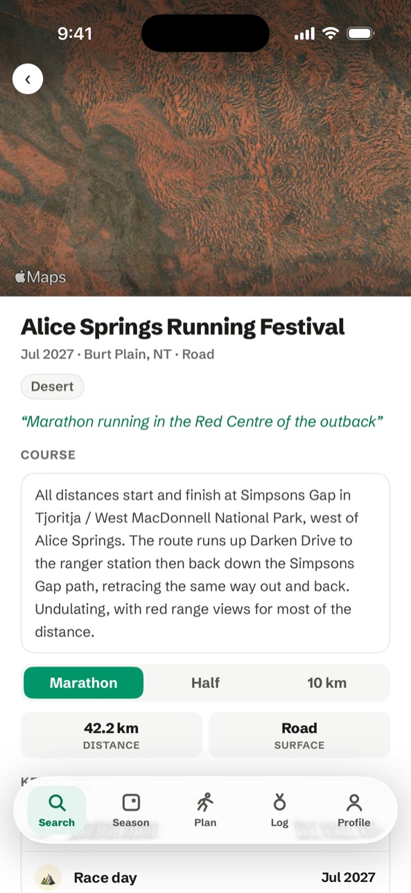 Alice Springs Running Festival in RunCalendar — the red desert of the MacDonnell Ranges from space above the race's course