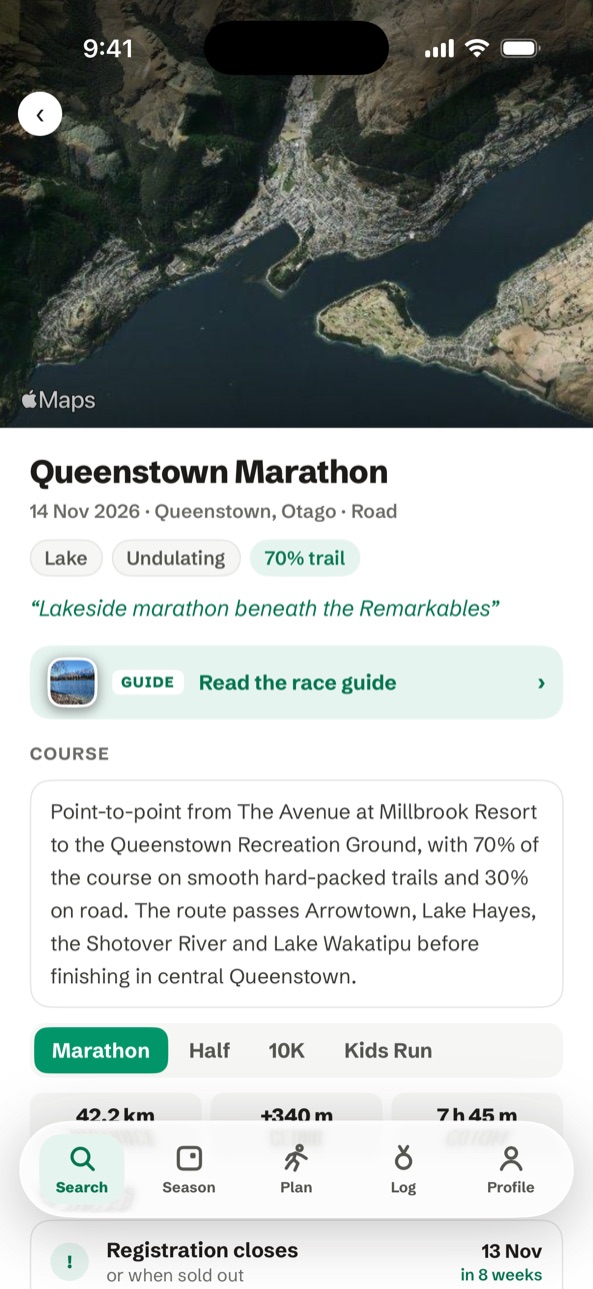 Queenstown Marathon in RunCalendar — Lake Wakatipu and the Remarkables from space above the race's course and key dates
