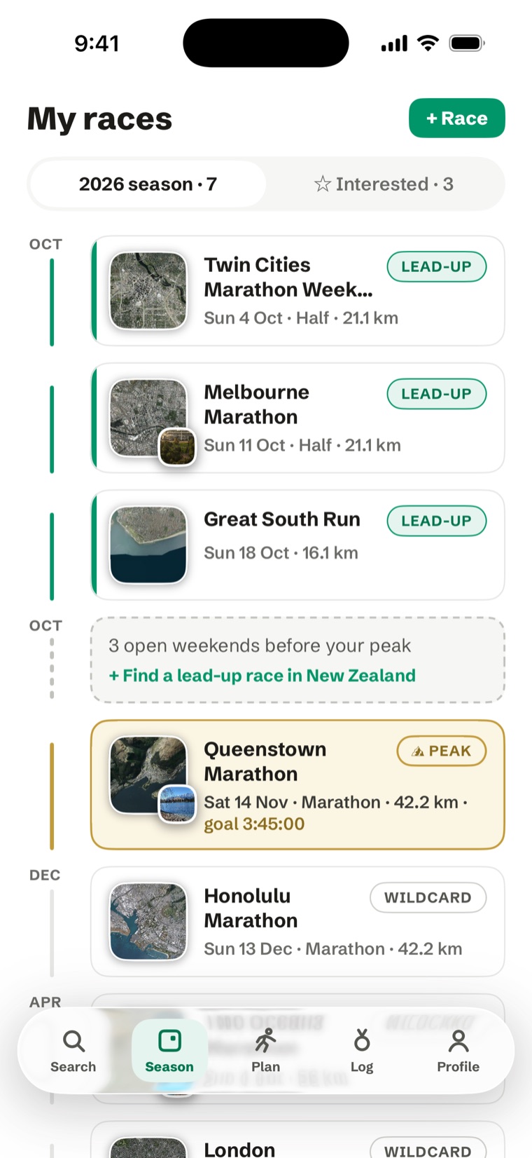 A RunCalendar season that spans the world — Twin Cities, Melbourne and the Great South Run as lead-ups, each on its own satellite square, the gold Queenstown Marathon peak with its goal time, then Honolulu and London as wildcards